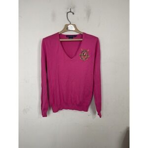 Ralph Lauren Sport Womens XL Pink Pima Cotton V Neck Embroidered Sweater Crest